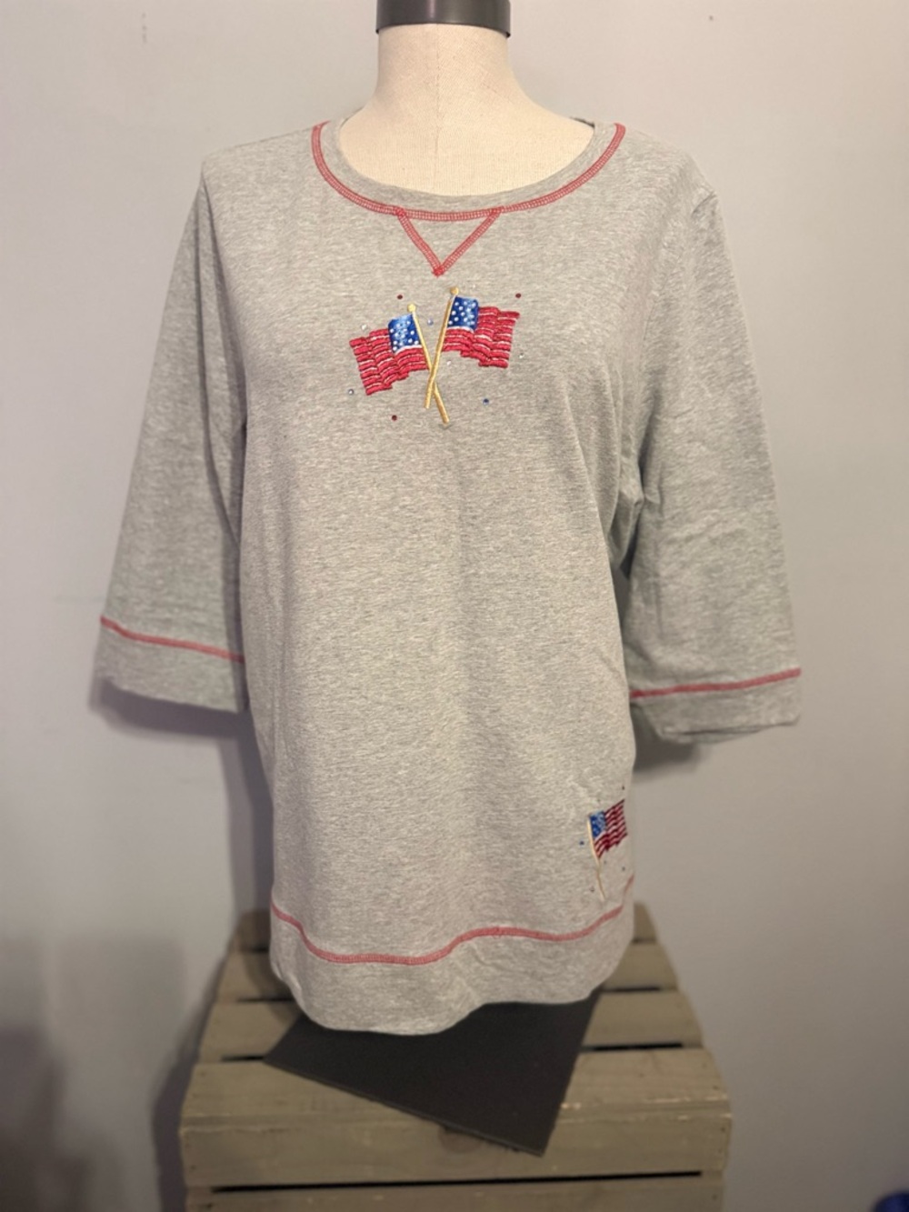 Quacker Factory Gray Long Sleeve Kids Tee with Flag Design